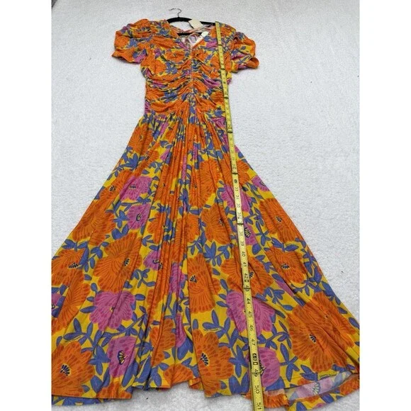 Farm Rio Anthropologie Midi Dress Ruched Orange Floral V Neck Preppy Small NWT